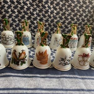 Vintage Ceramic Bells 12 Days of Christmas Set Gold Painted 1991 Brenda Thomas